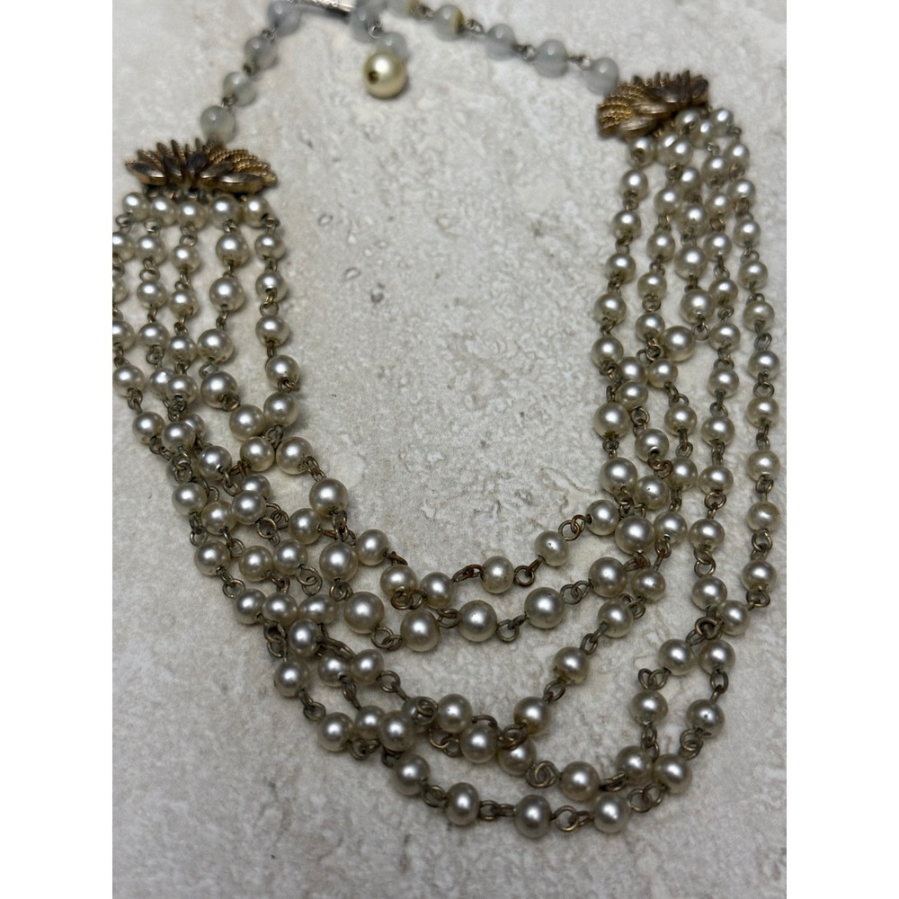 Vintage Coro 1950s Faux Pearl 5 Strand Necklace Signed Mid Century Bridal 18"
